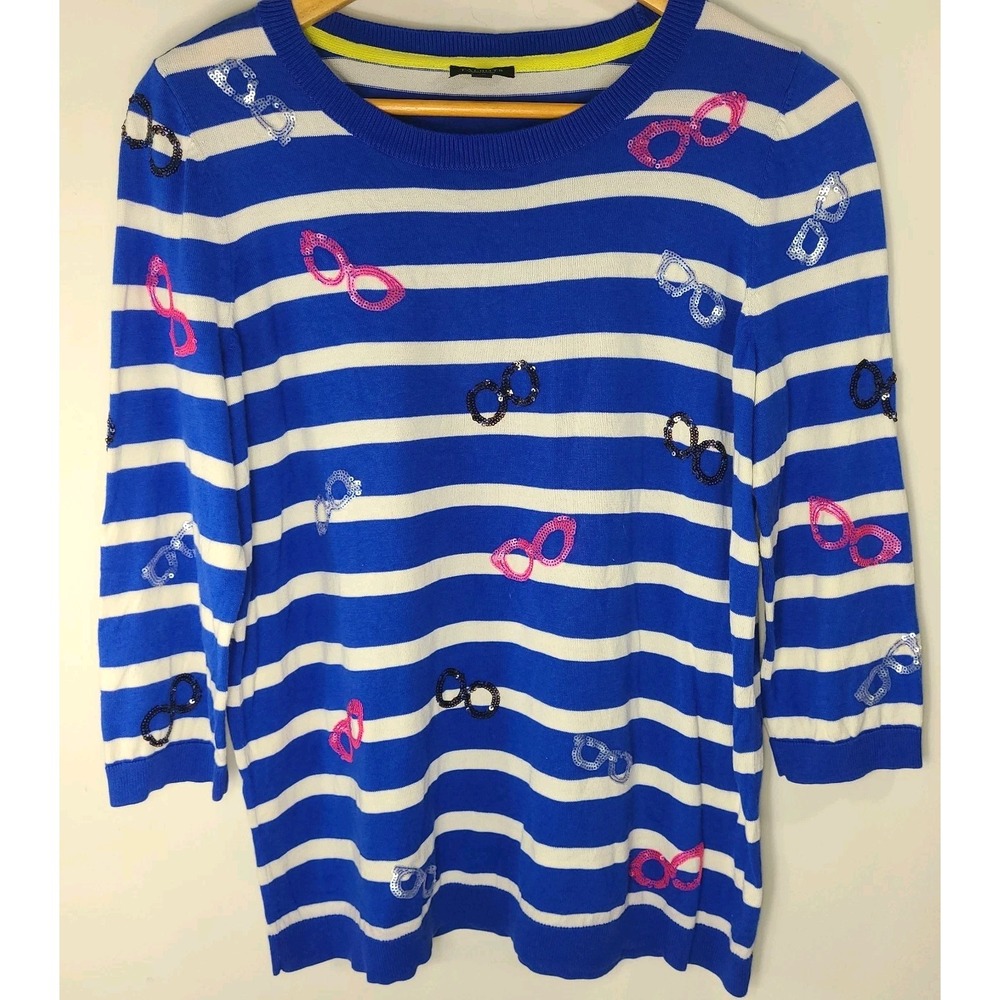 Talbots WOMAN Light Weight Blue White Crew Sequel Glasses Pullover Sweater 1XP